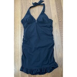 Spanx Assets by Sara Blakely One Piece Black Ruffle Halter Swim Dress XL